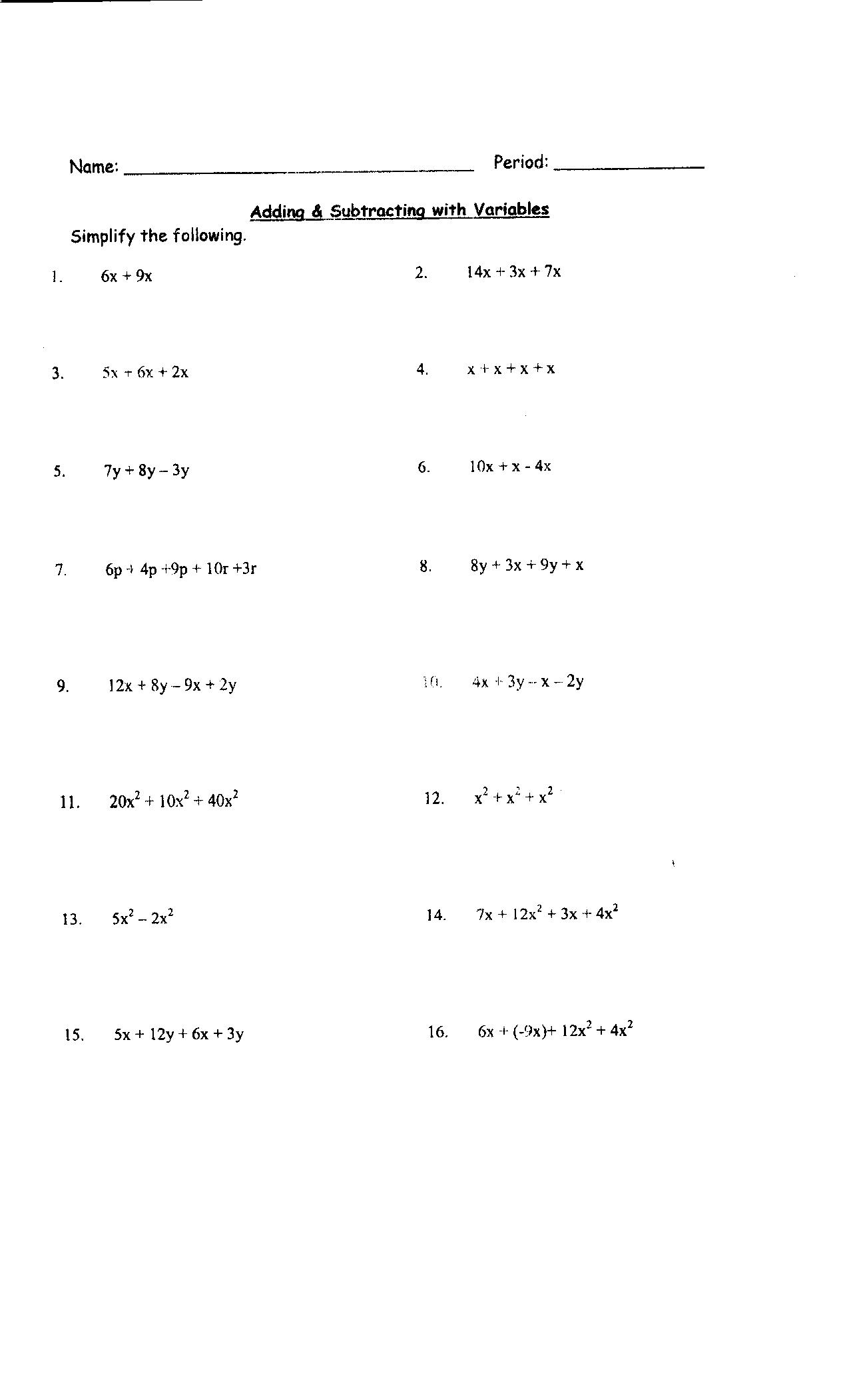 Algebra 1 Combining Like Terms Worksheet