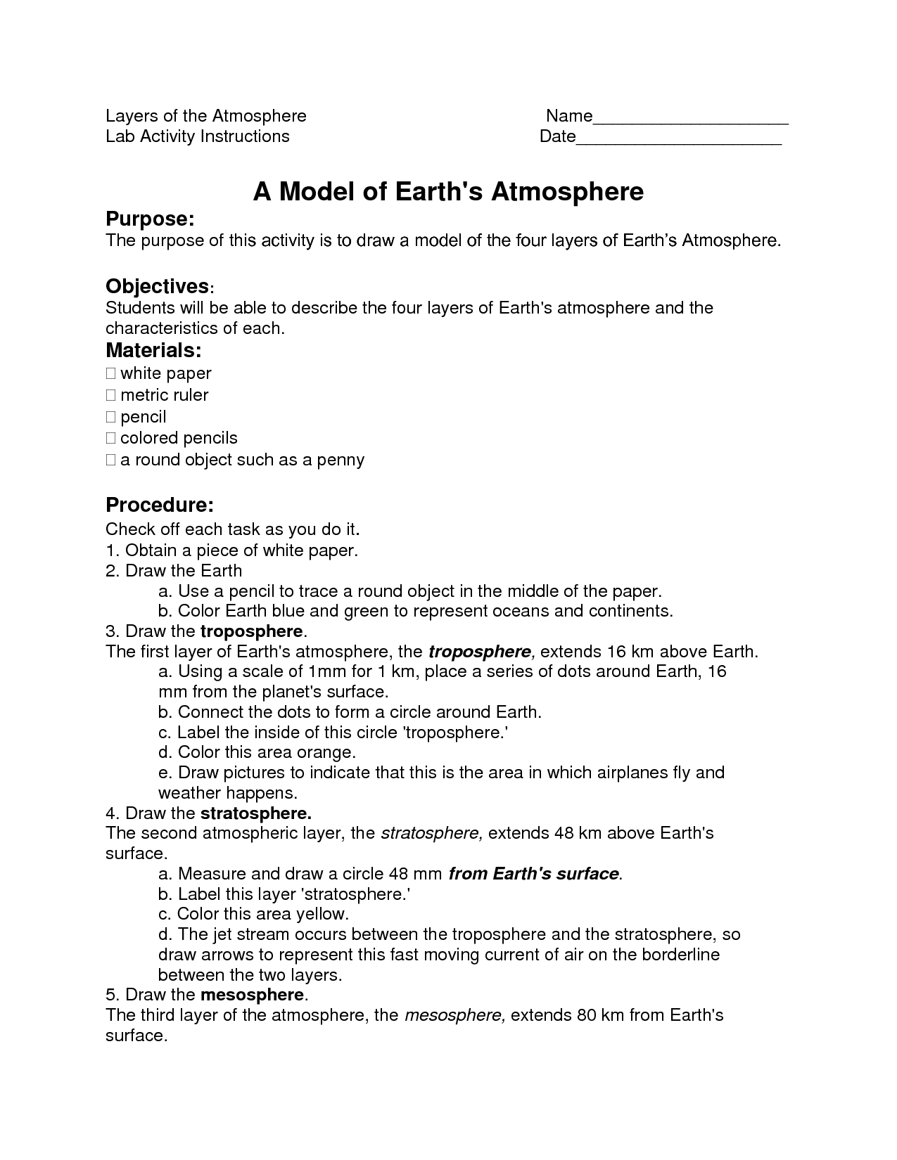 Layers Of The Atmosphere Worksheet