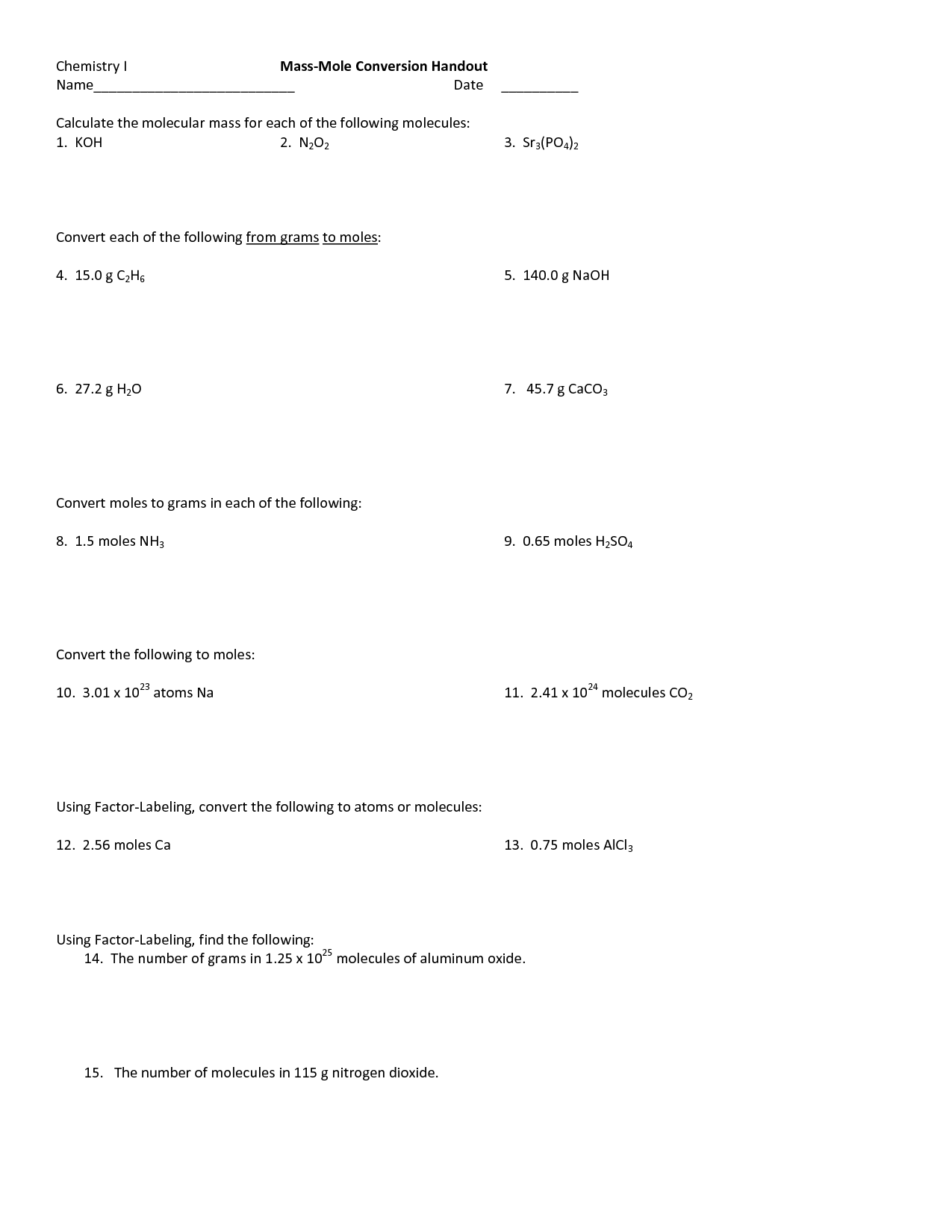 Mass Mole Conversion Worksheet Answers