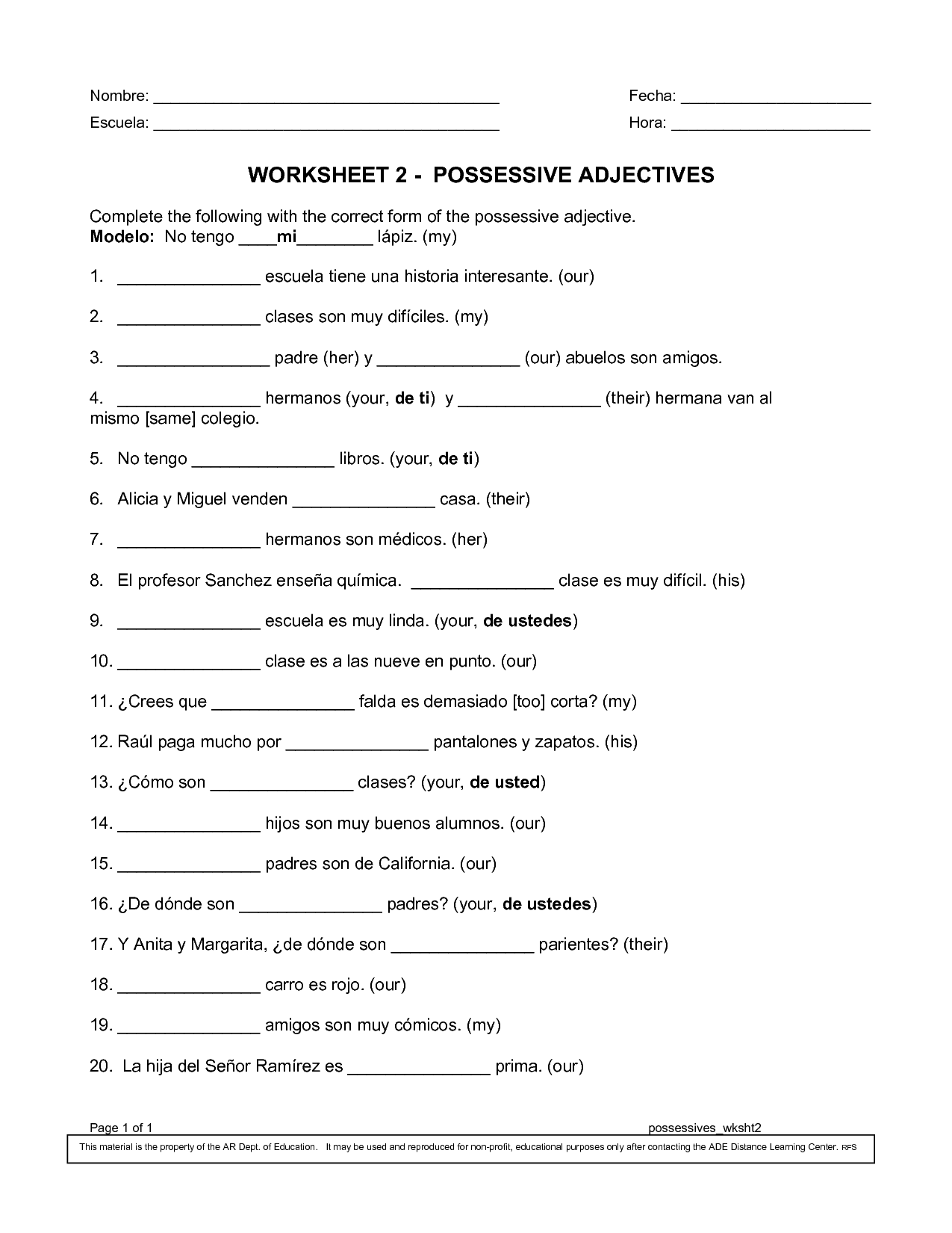 Possessive Adjectives Pronouns Worksheet DriverLayer Search Engine