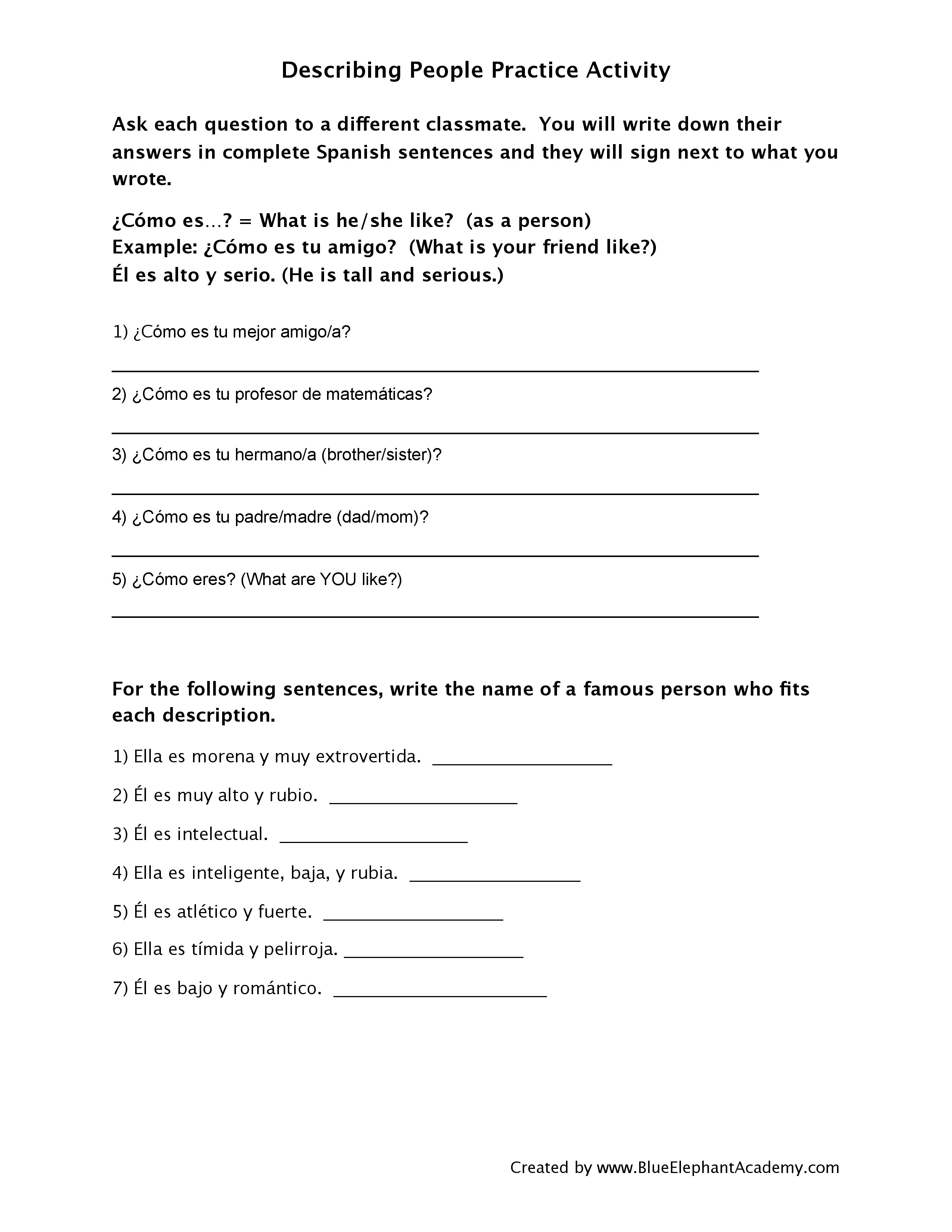 Spanish Adjectives Practice Worksheet