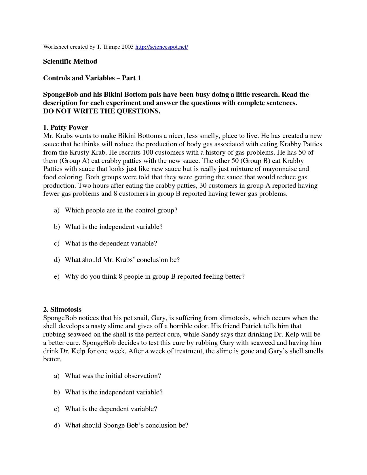 Spongebob Scientific Method Worksheet