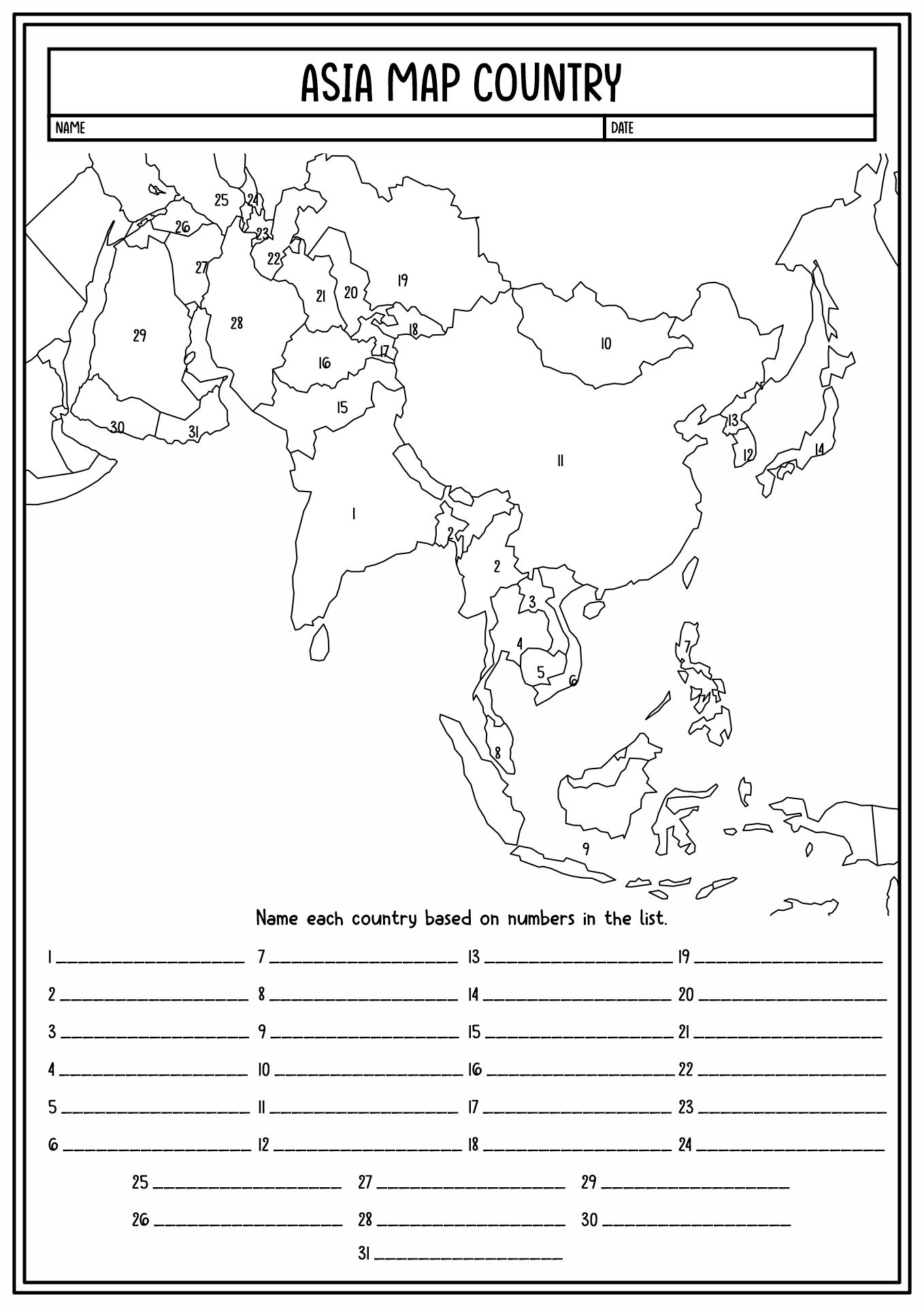 Free Printable Asia Worksheets