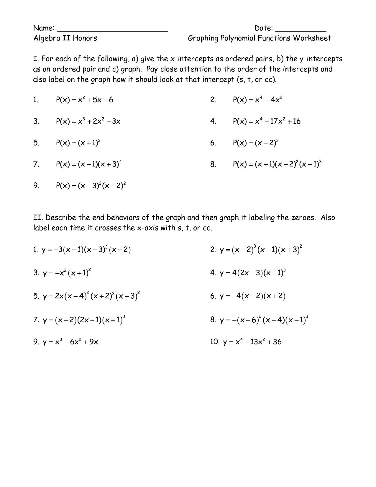 Graphing Polynomial Functions Worksheet With Answers Pdf