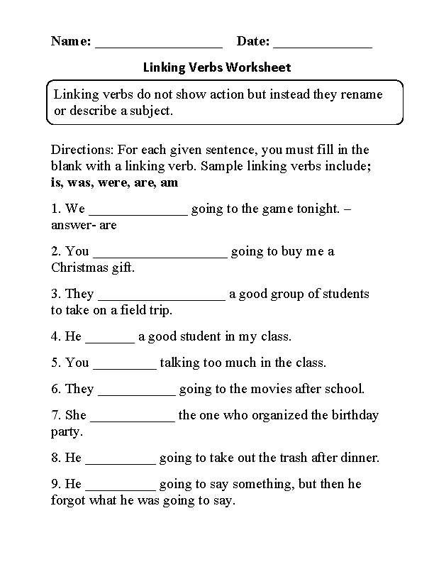 Linking Verb Worksheet Second Grade
