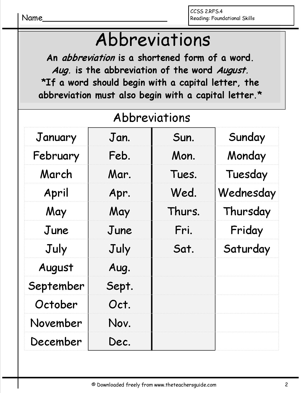 Month Abbreviations Worksheets