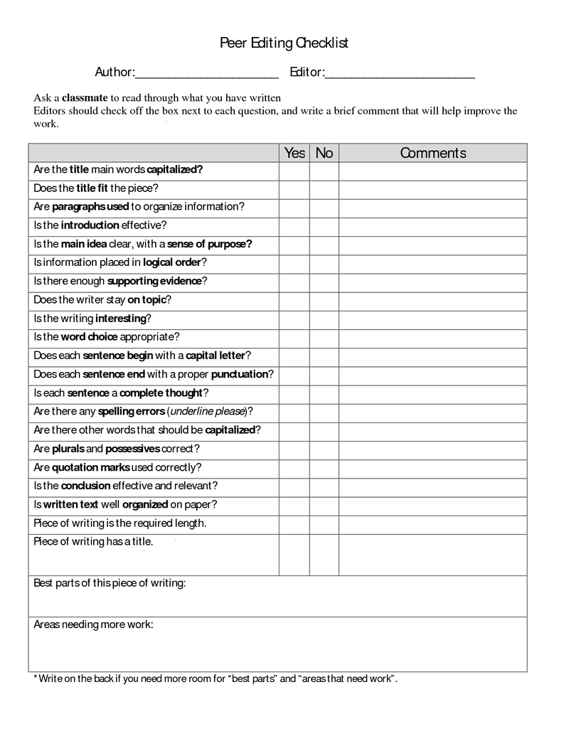 Peer Editing Checklist Middle School
