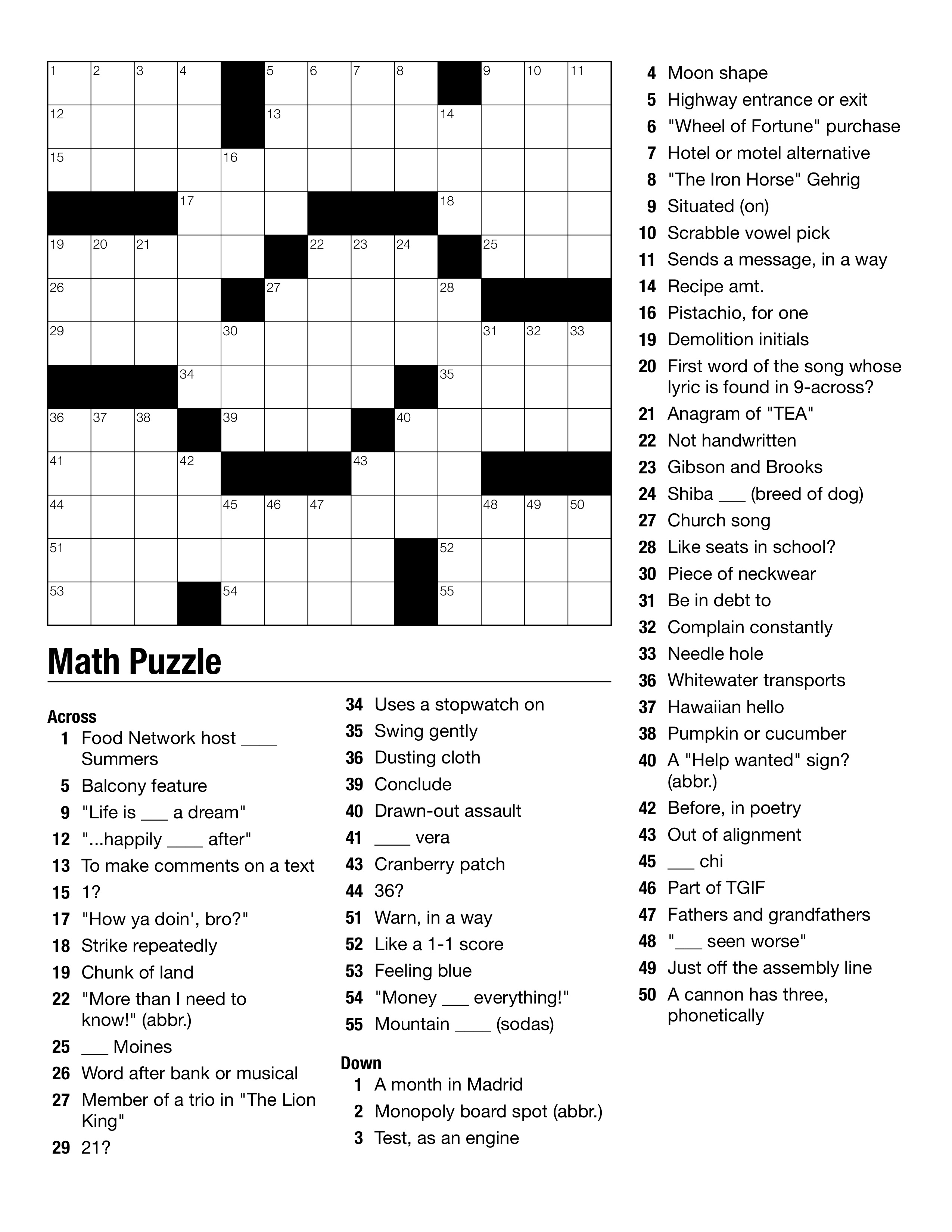 Free Online Crossword Puzzle Print