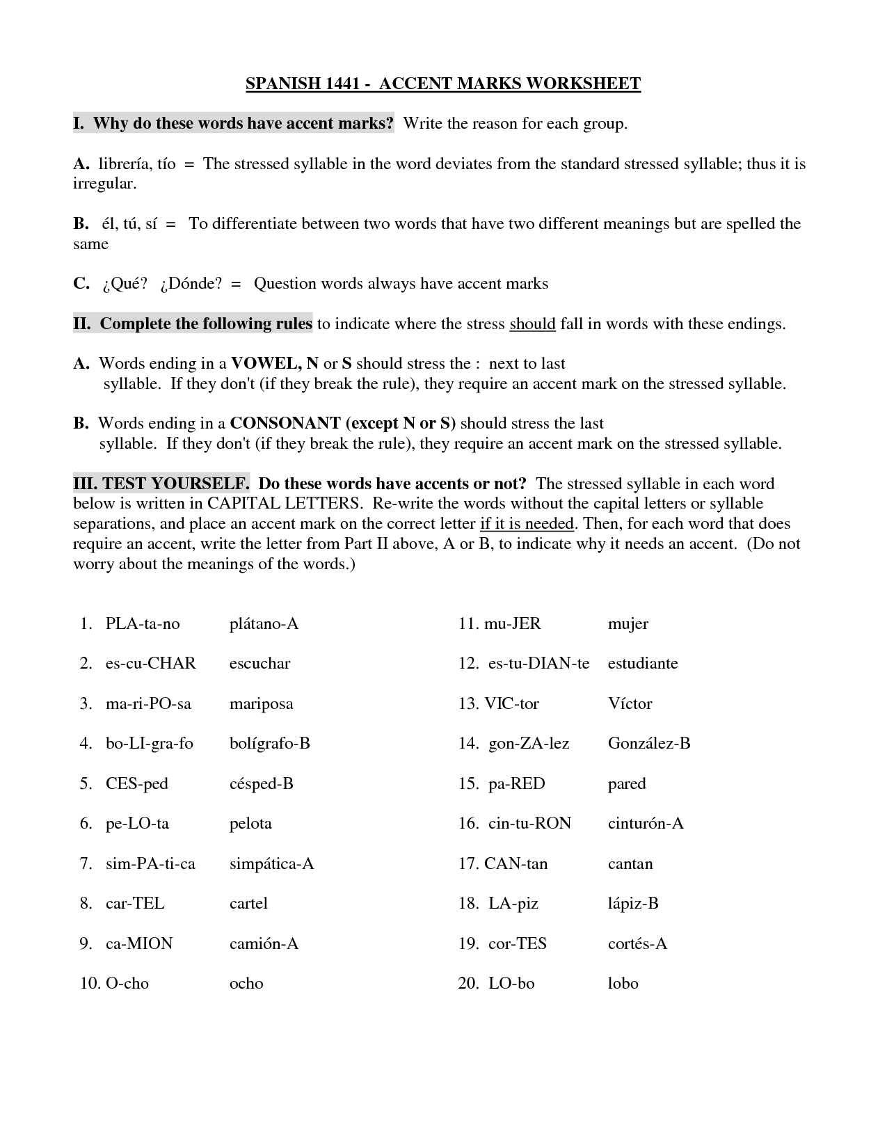 Spanish Accents Worksheet