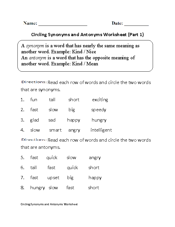 7th Grade Synonyms And Antonyms Worksheets