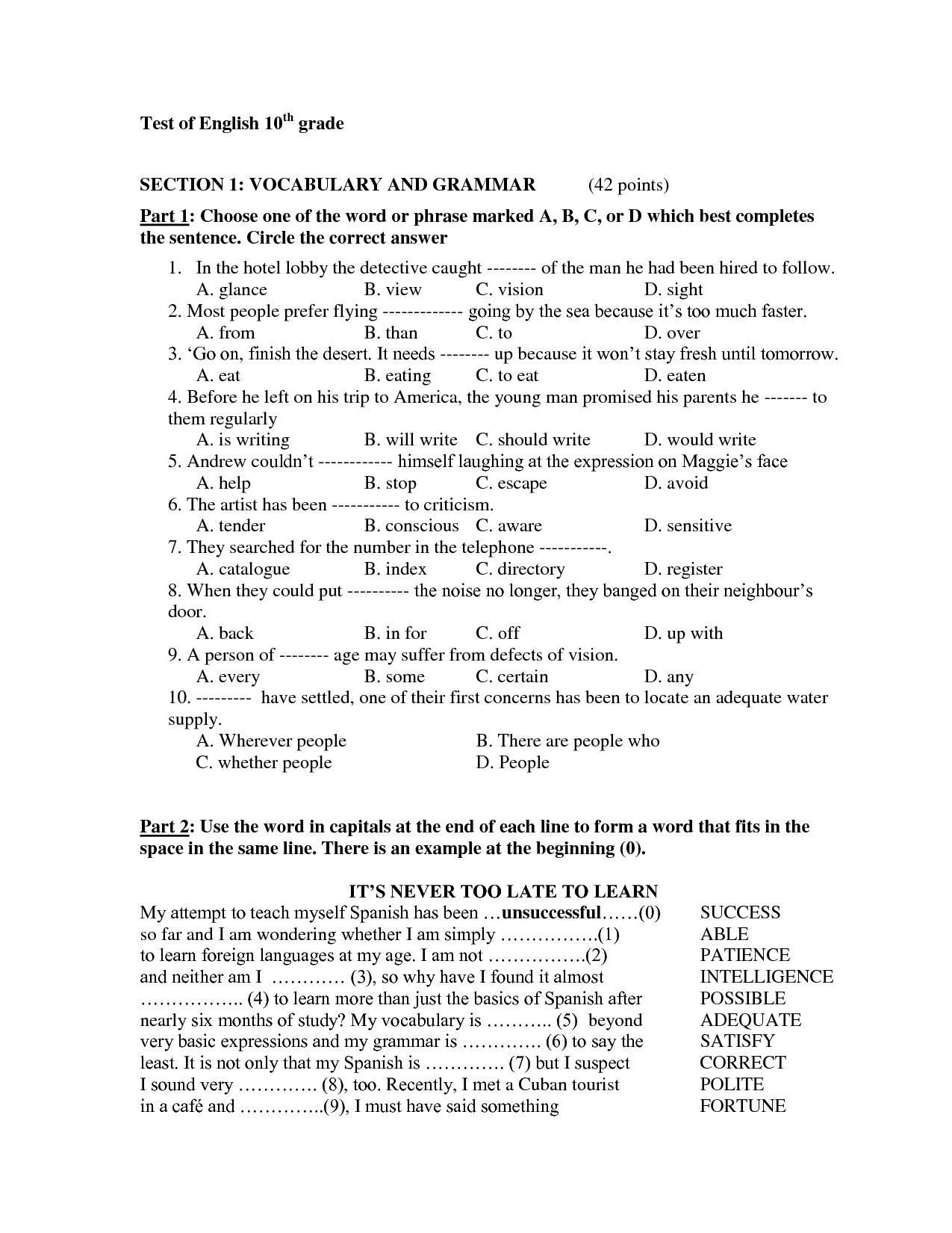 Grade 10 English Worksheets Pdf