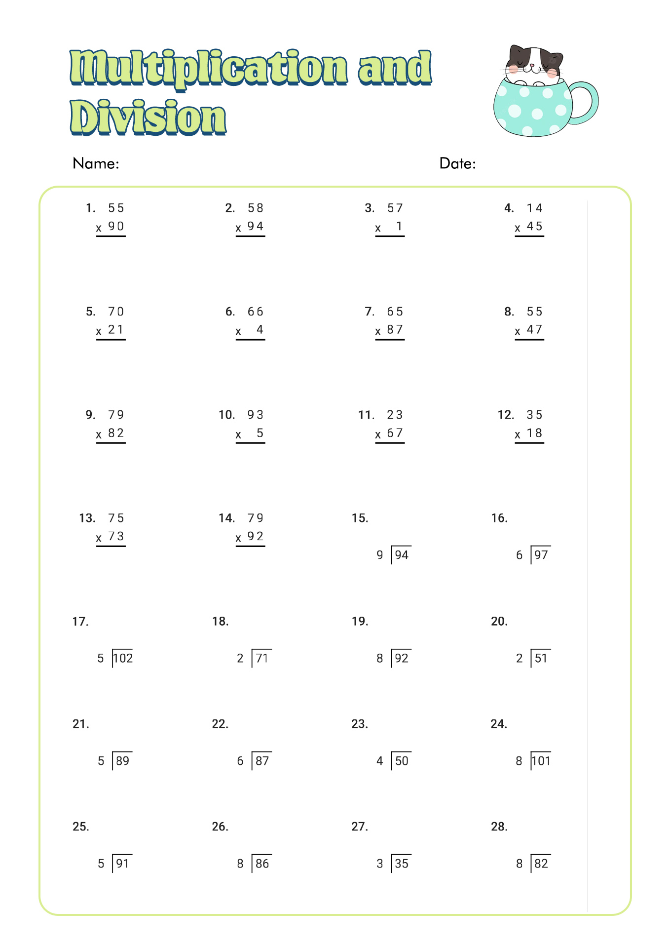 Multiplication Division Worksheet 3rd Grade