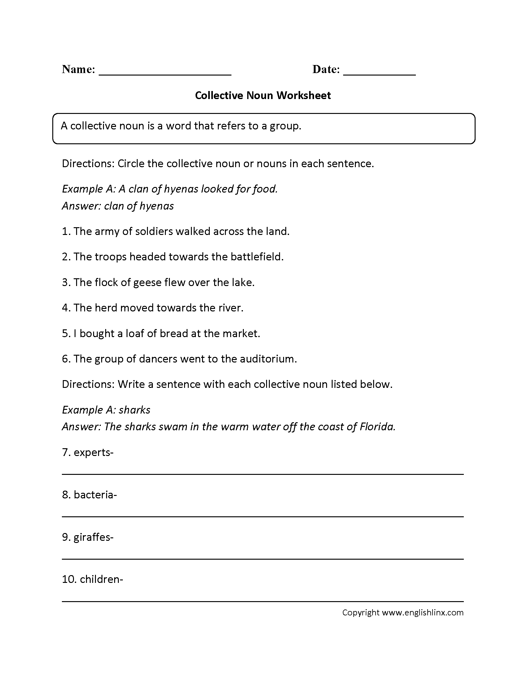 English Grammar Collective Nouns Worksheets