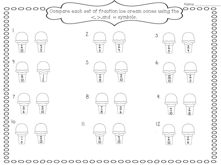 Comparing Fractions with Unlike Denominators Worksheets