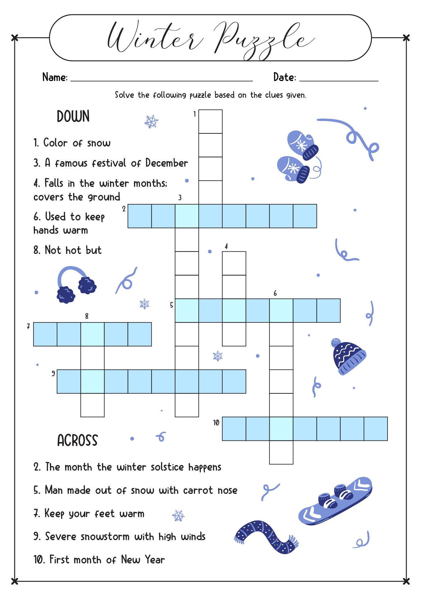 Kid Winter Crossword Puzzles Printable