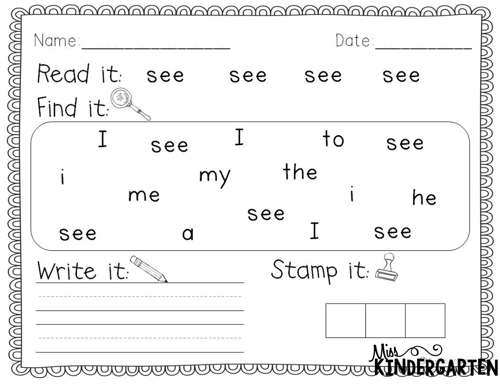 Kindergarten Sight Word Practice Worksheets