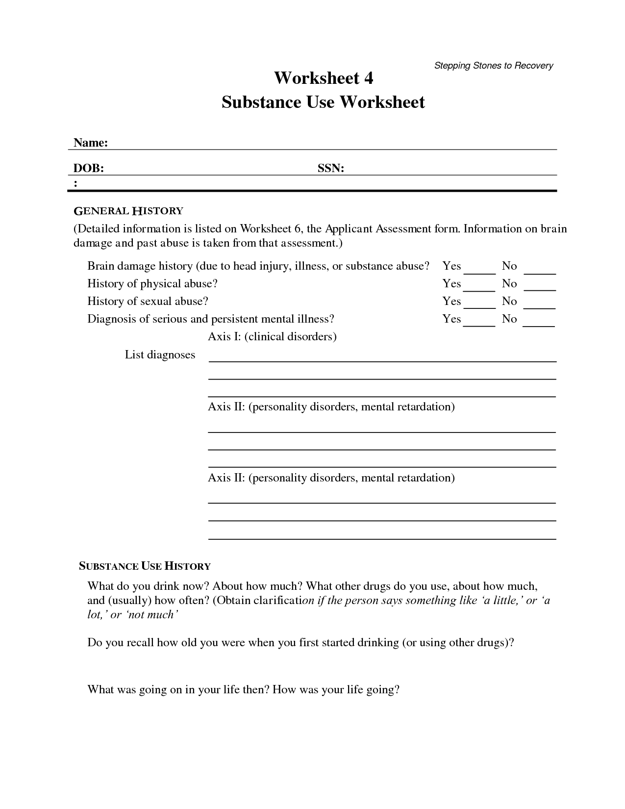 Substance Abuse Recovery Worksheets Printable