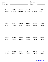 Subtraction Worksheets with Decimals