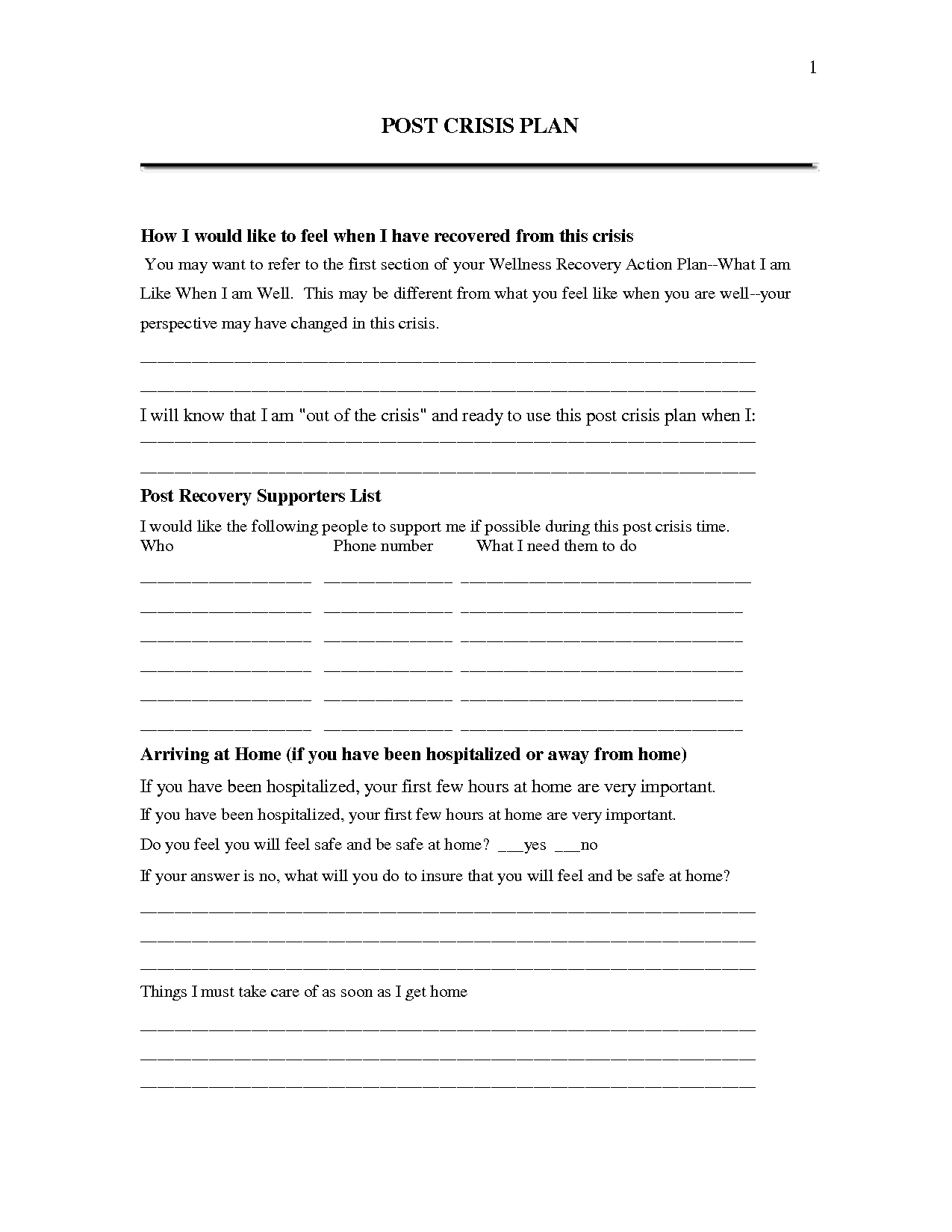 Wellness Recovery Action Plan Worksheets
