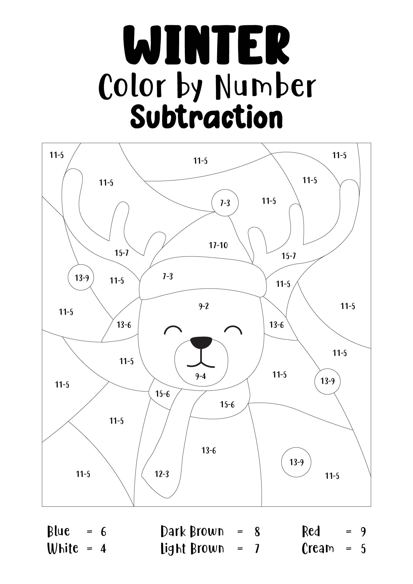 Winter Color by Number Subtraction Printable