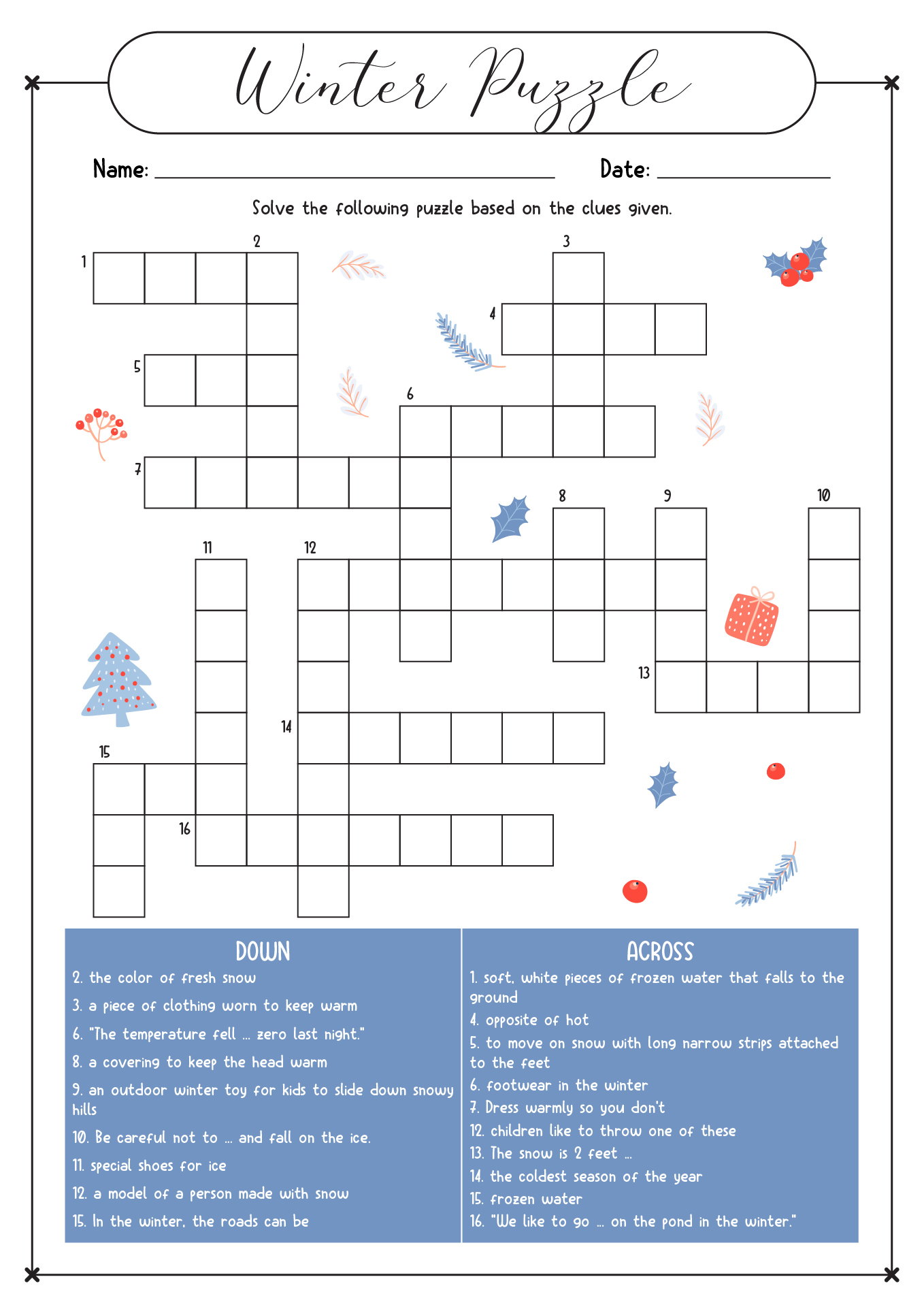Winter Crossword Puzzle Worksheets