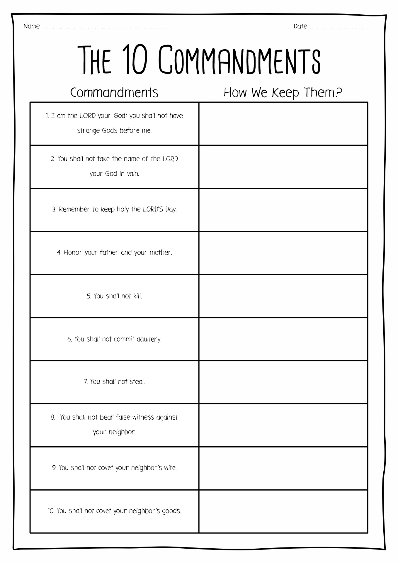 Free Printable Ten Commandments Worksheets