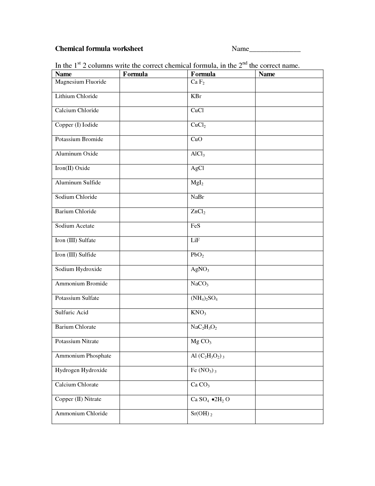 Chemical Formula Worksheet Answers