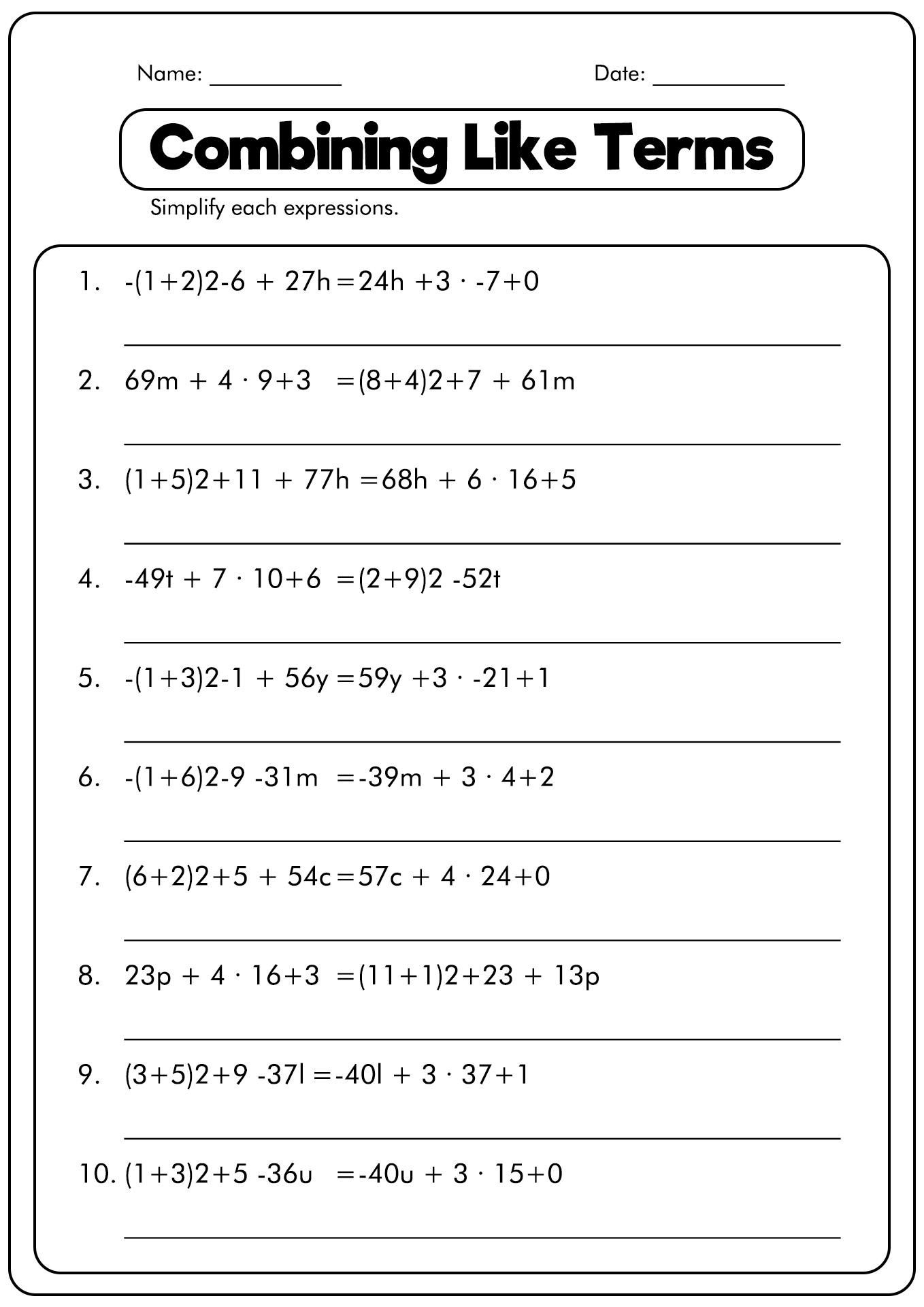 Combining Like Terms Multiplication Worksheets