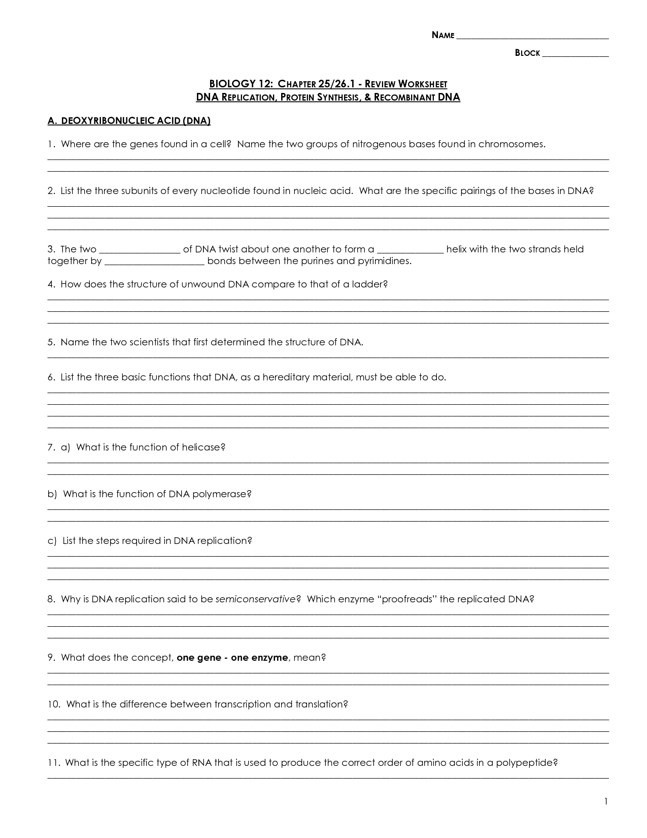 DNA and Replication Worksheet Answers