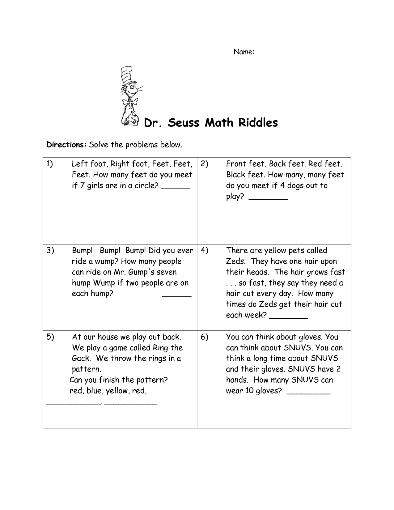 Free Dr Seuss Multiplication Worksheets