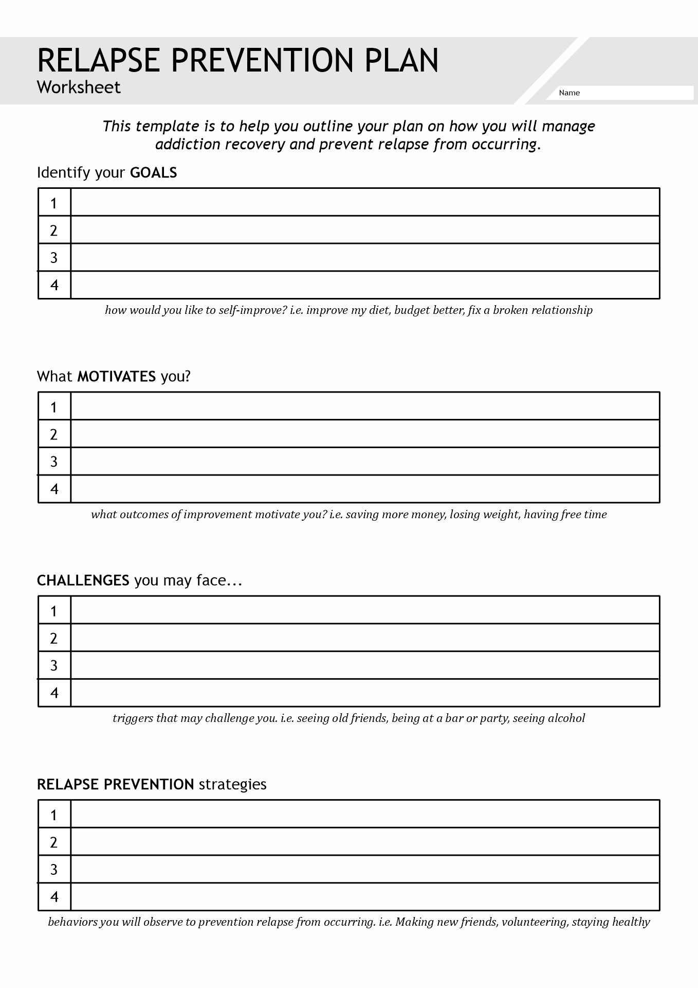 Printable Addiction Recovery Worksheets