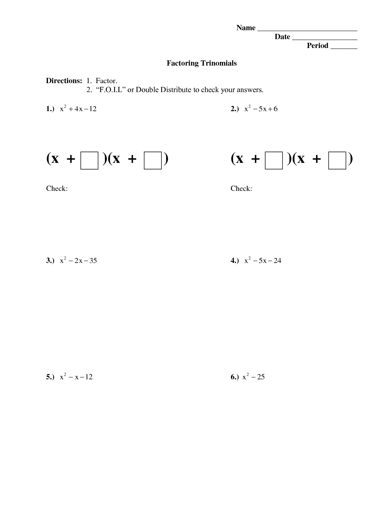 Factorising quadratics homework