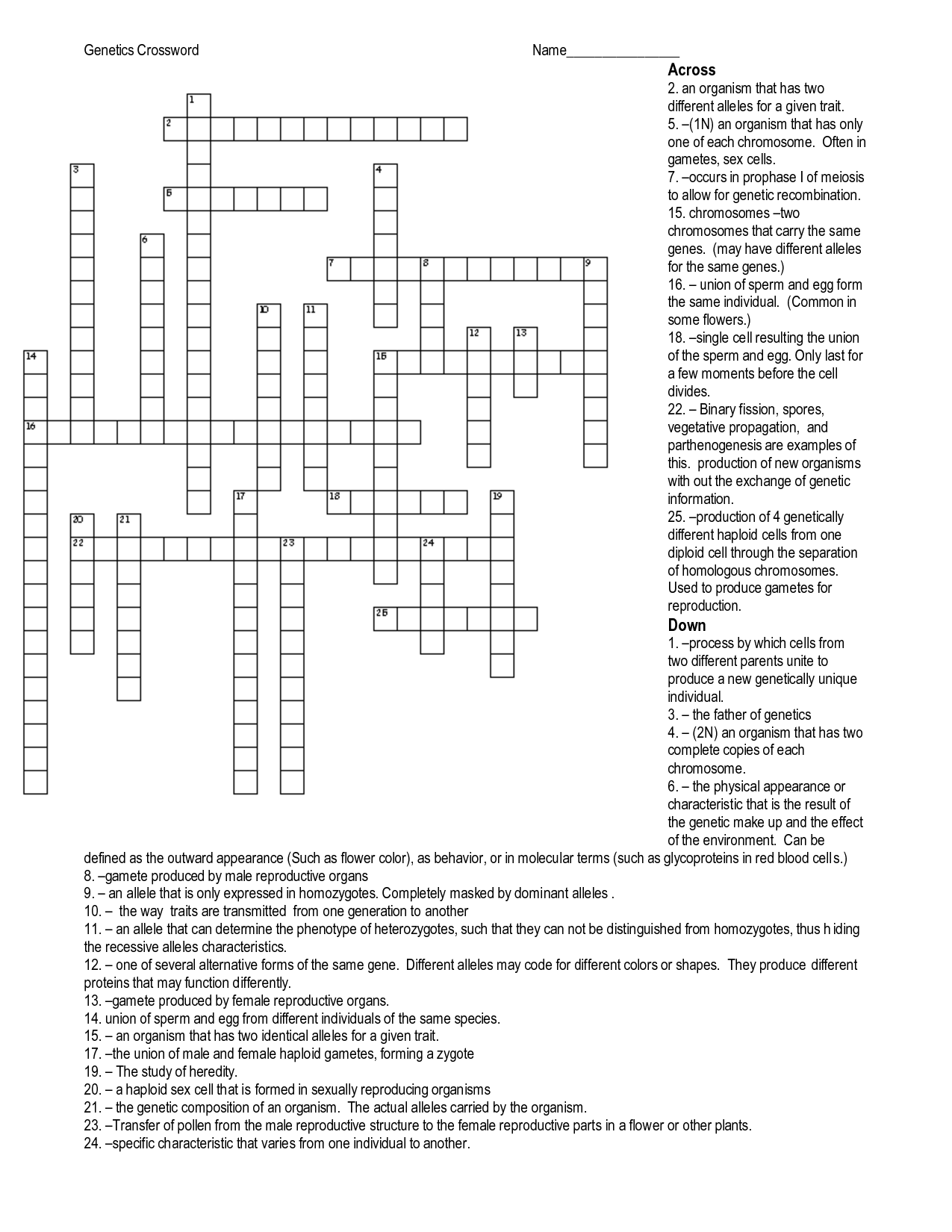 Genetics Crossword Puzzle Answers