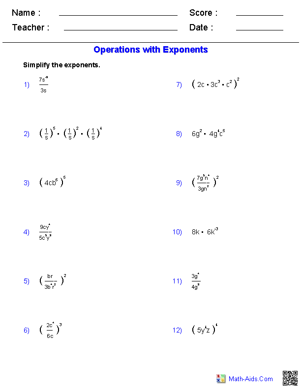 Math Exponents Worksheets