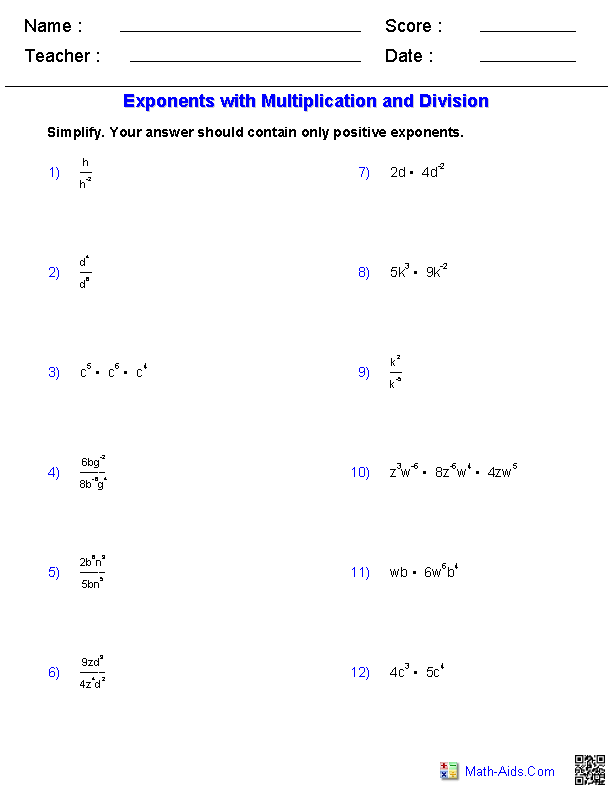 Multiplication of Exponents and Division Worksheets