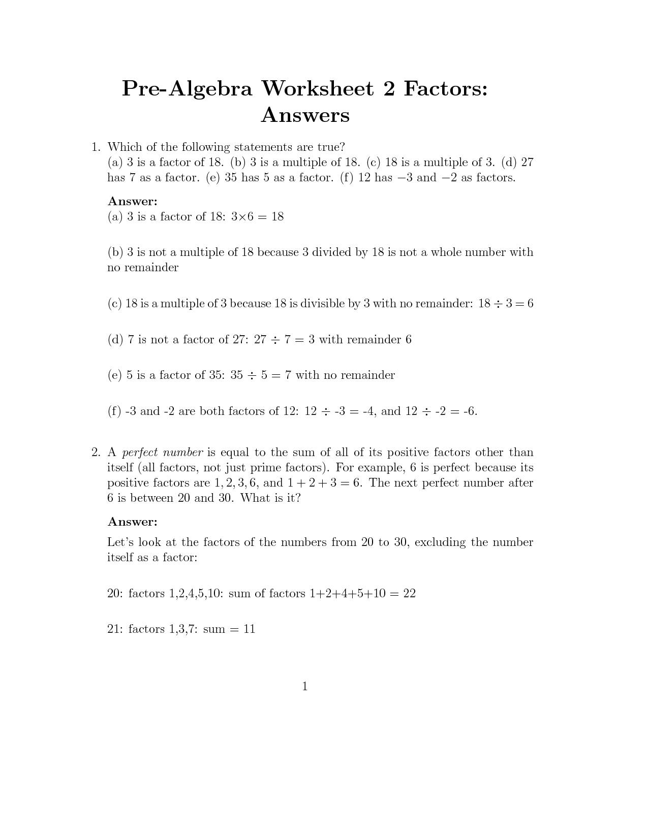 7th Grade Pre-Algebra Worksheets with Answers