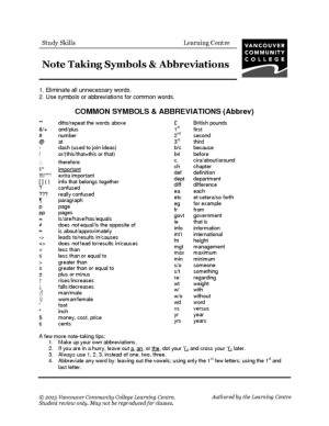 Abbreviations for Note Taking Worksheet
