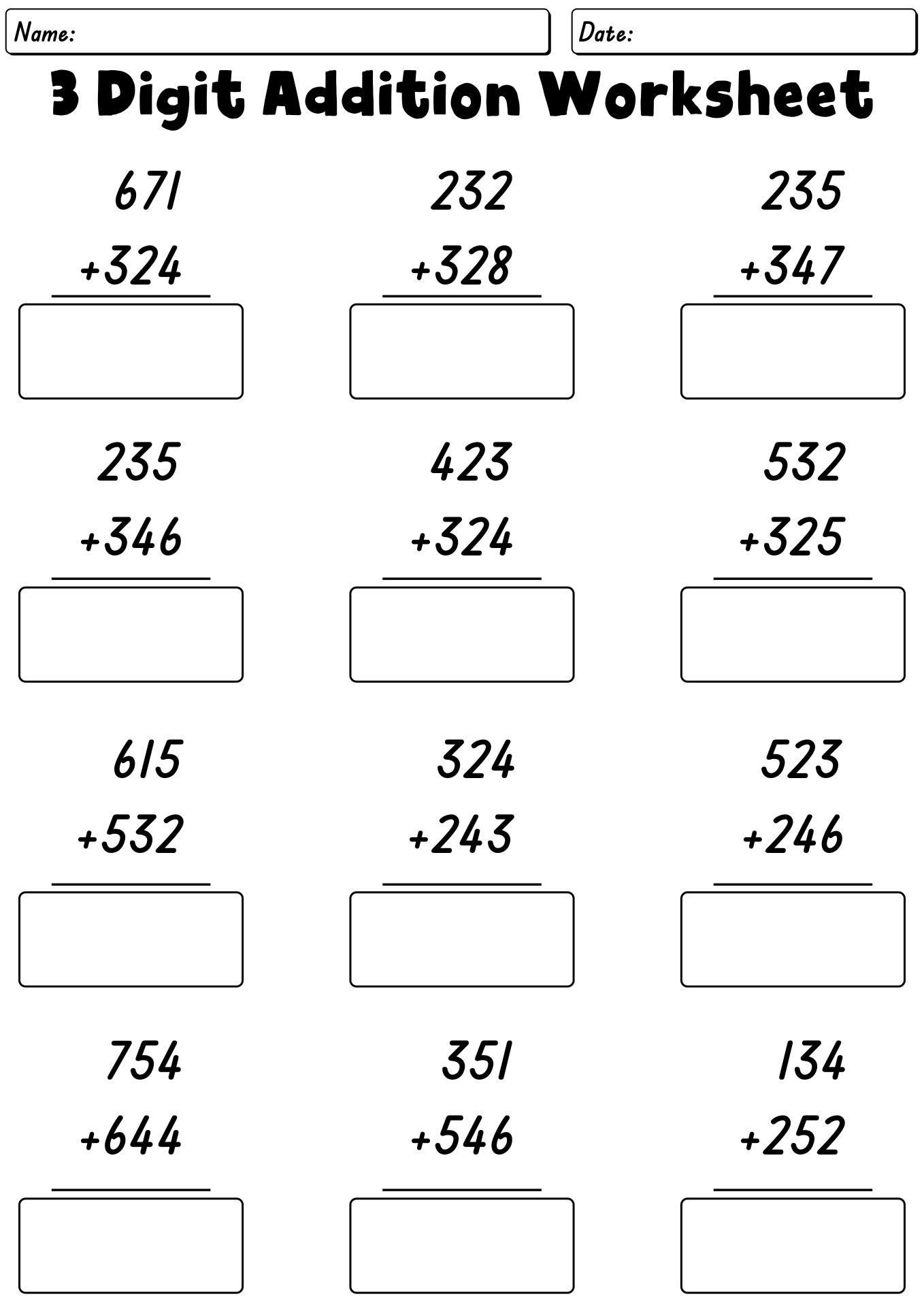 Adding 3 Digit Numbers Worksheet