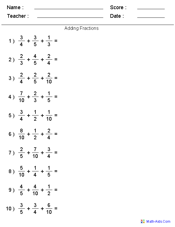 Adding 3 Fractions Worksheets