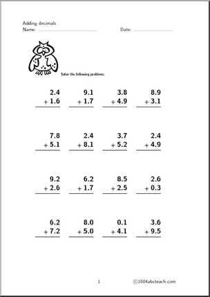 Adding Whole Numbers and Decimals Worksheet