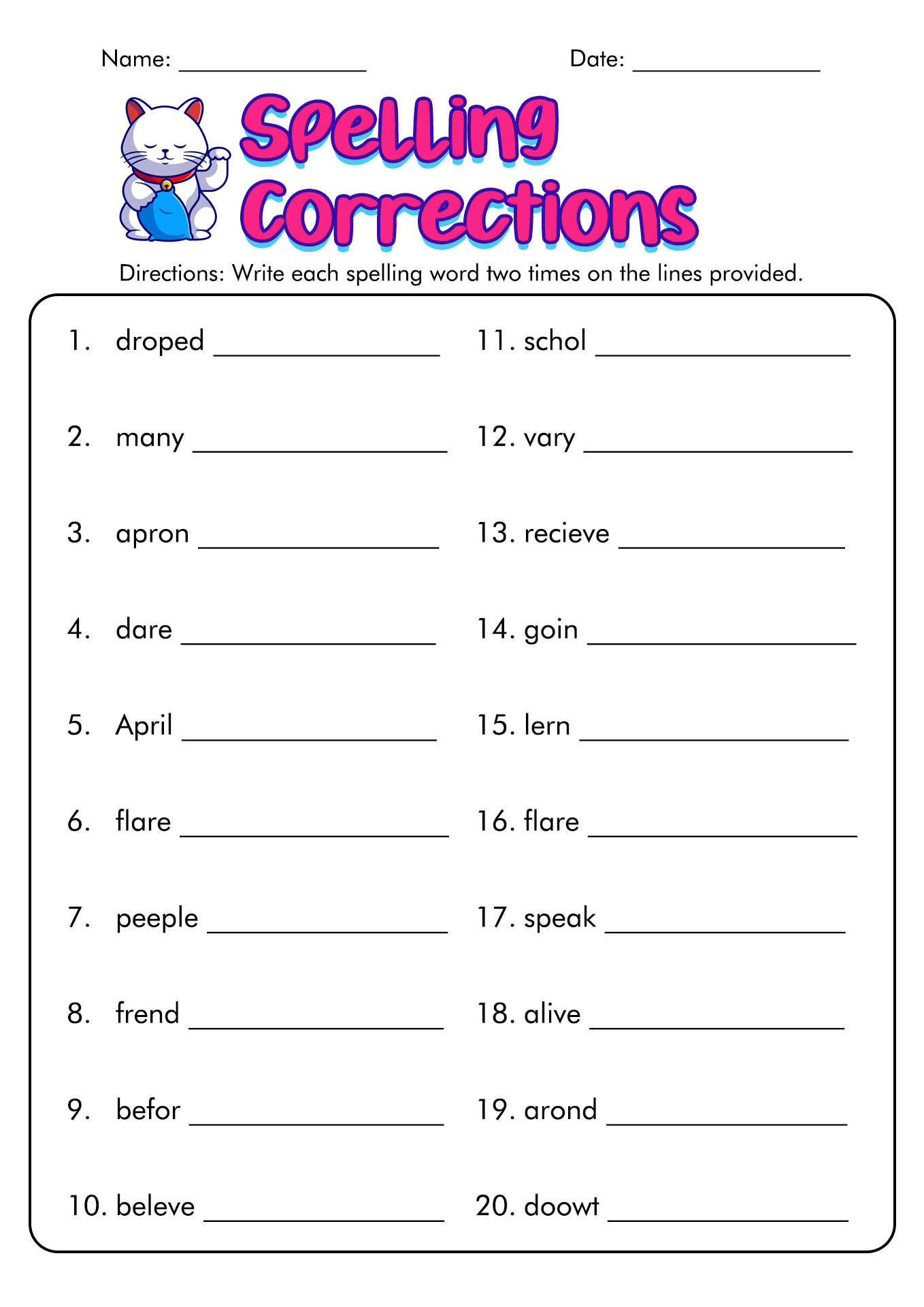 Write Spelling Words 3 Times Each Template Free