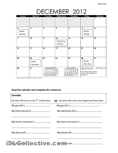 Calendar Reading Worksheets