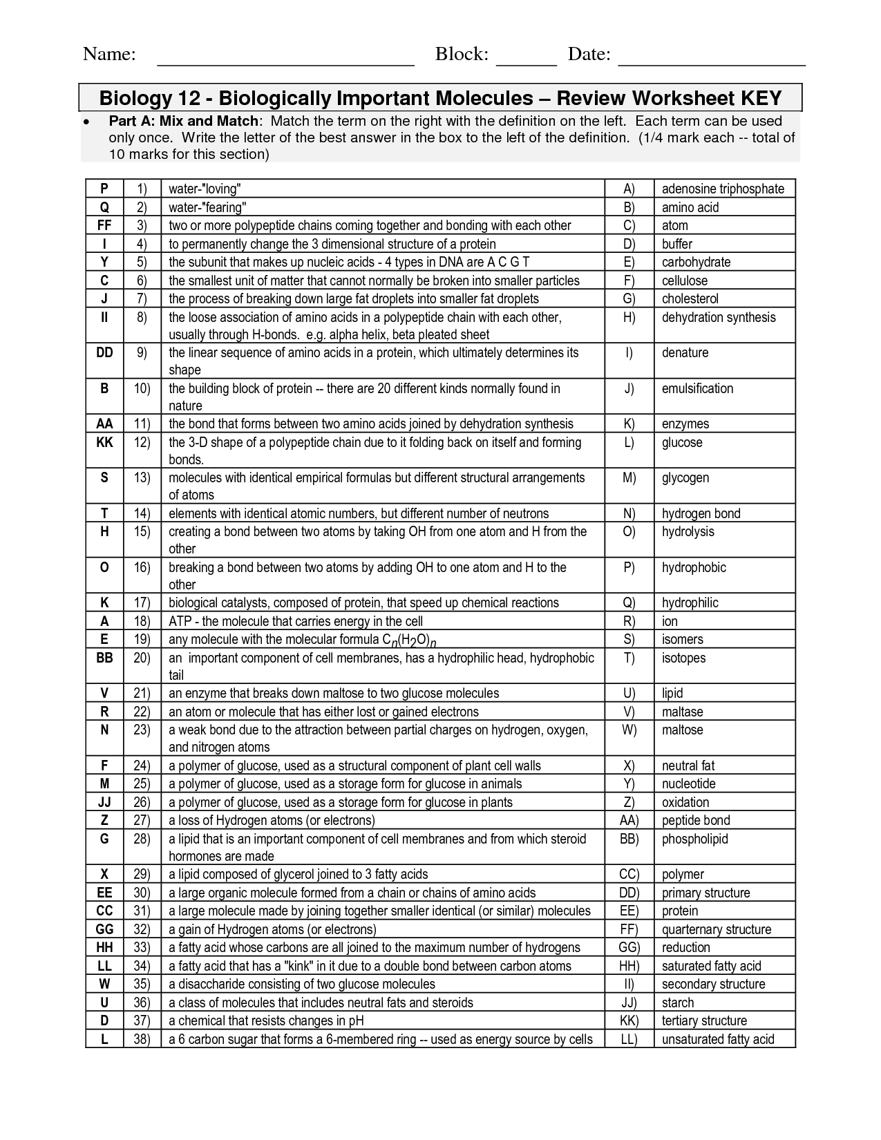 16 Best Images of Carbohydrate Worksheet And Answers  Organic Molecules Worksheet Review 