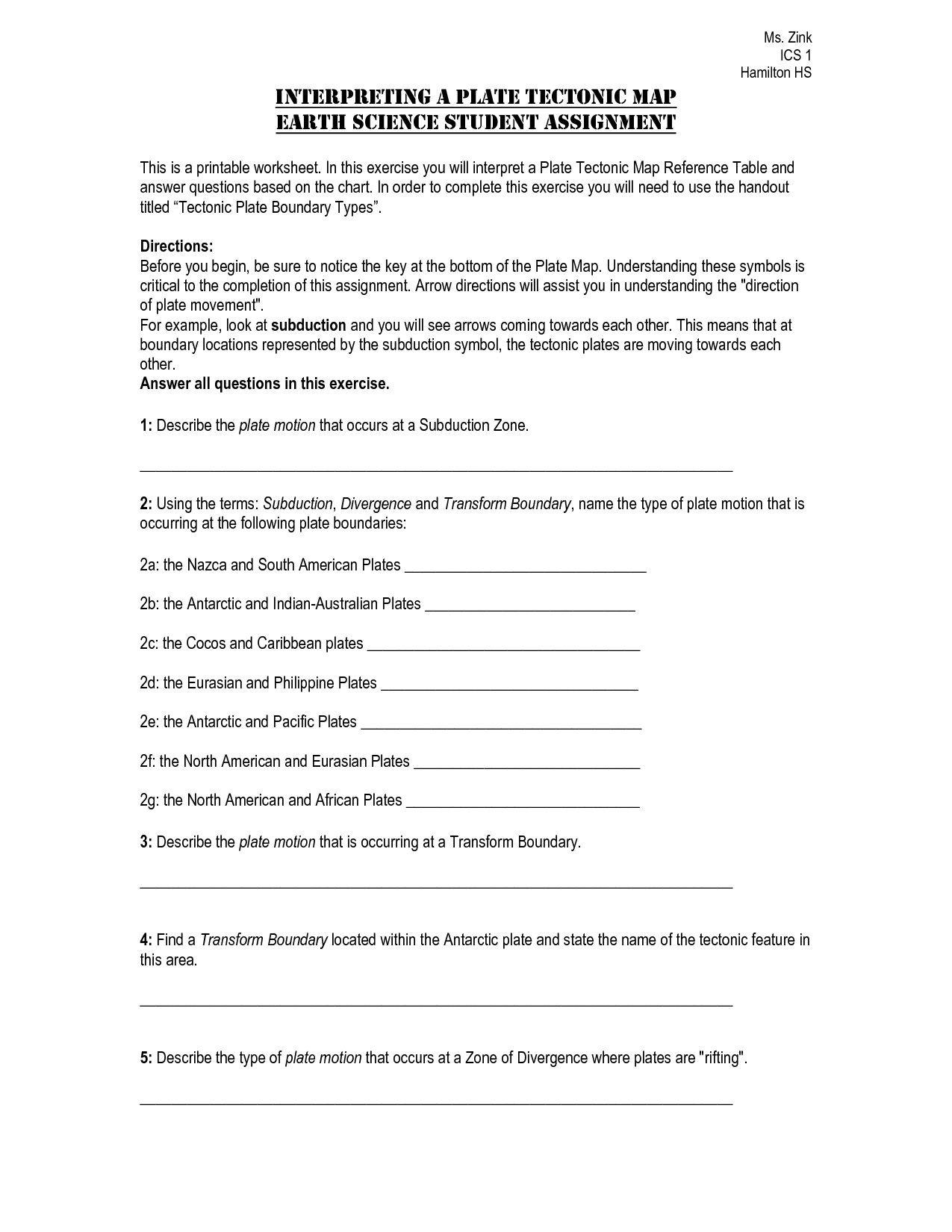Plate Boundary Worksheet Answers