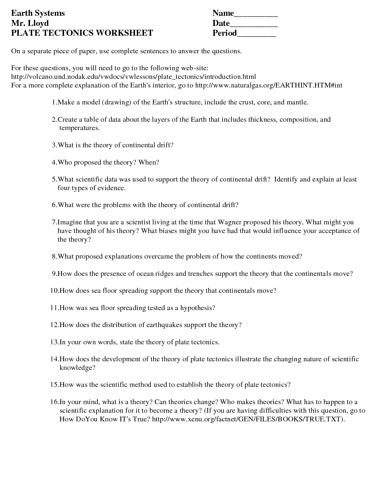 Plate Tectonics Worksheet Answers