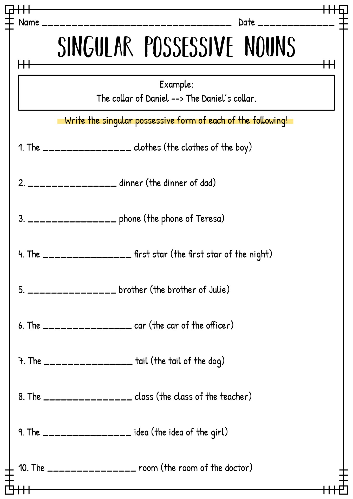 Worksheets On Possessive Nouns With Apostropheswith Ansers