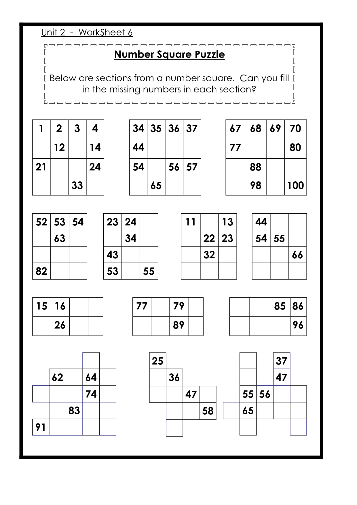 Missing Puzzle Numbers Worksheets