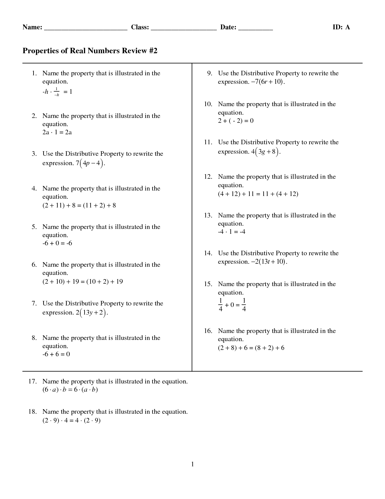 Properties Of Real Numbers Activity Worksheet