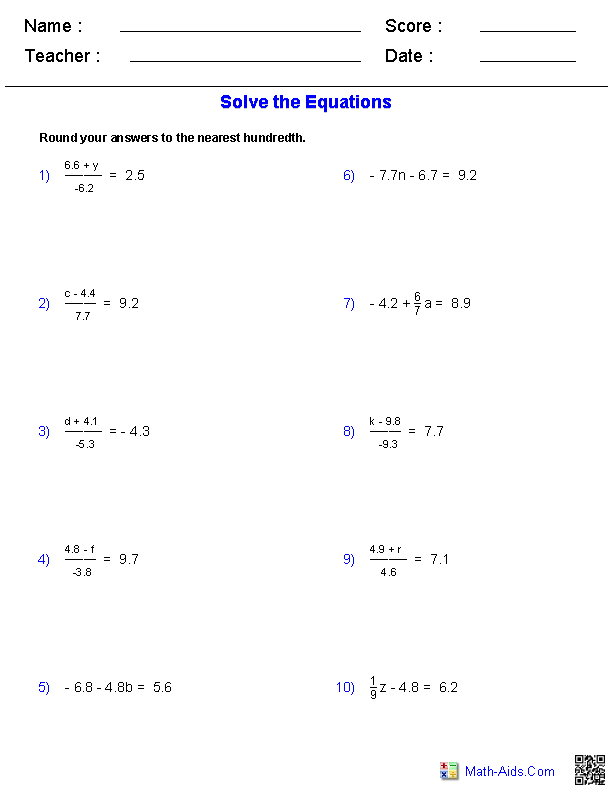 8th Grade Algebraic Equations Worksheets