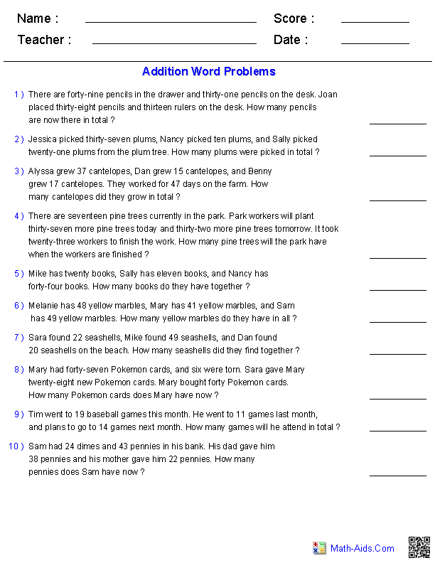 Addition Word Problem Worksheet